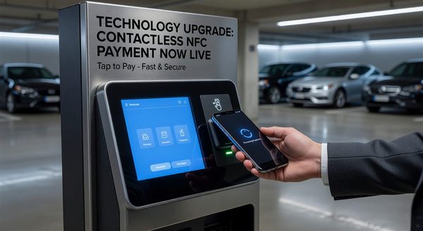 Contactless payment reader on a parking pay station showing NFC symbol