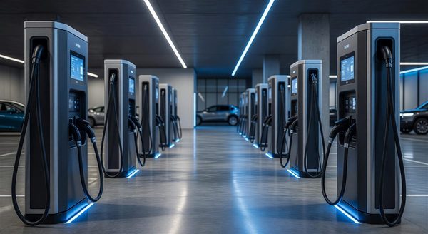 Row of EV charging stations installed in a parking structure