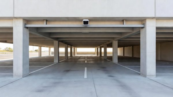 Modern parking garage entrance with license plate recognition camera mounted above open lane