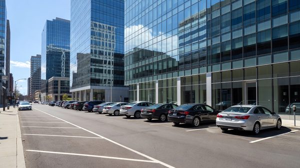 Downtown street with metered parking spaces and vehicles alongside office towers