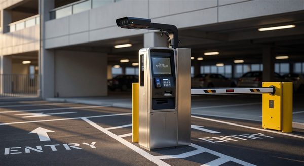 LPR camera at parking entry with pay station in background for integrated ticketless operation