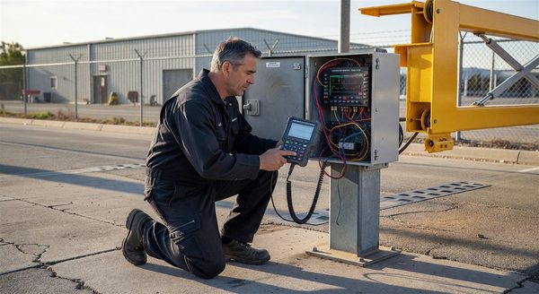 Technician testing a loop detector with a meter at a parking gate