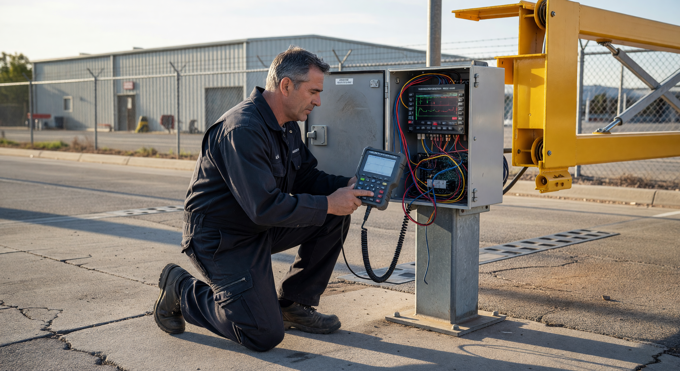 Technician testing a loop detector with a meter at a parking gate