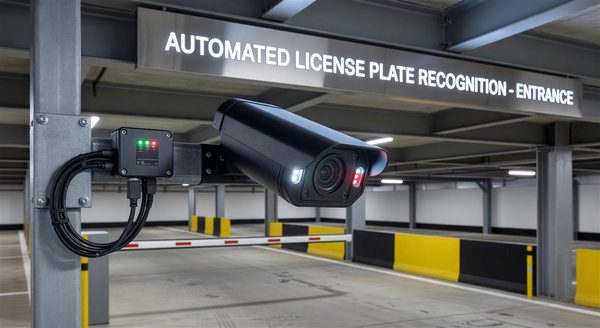 License plate recognition camera at parking facility entrance