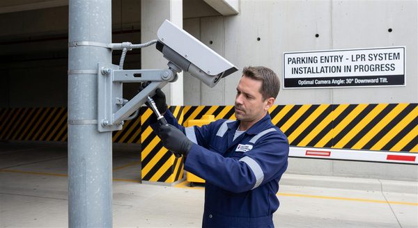 LPR camera mounted at a parking lane entry point showing correct angle and height