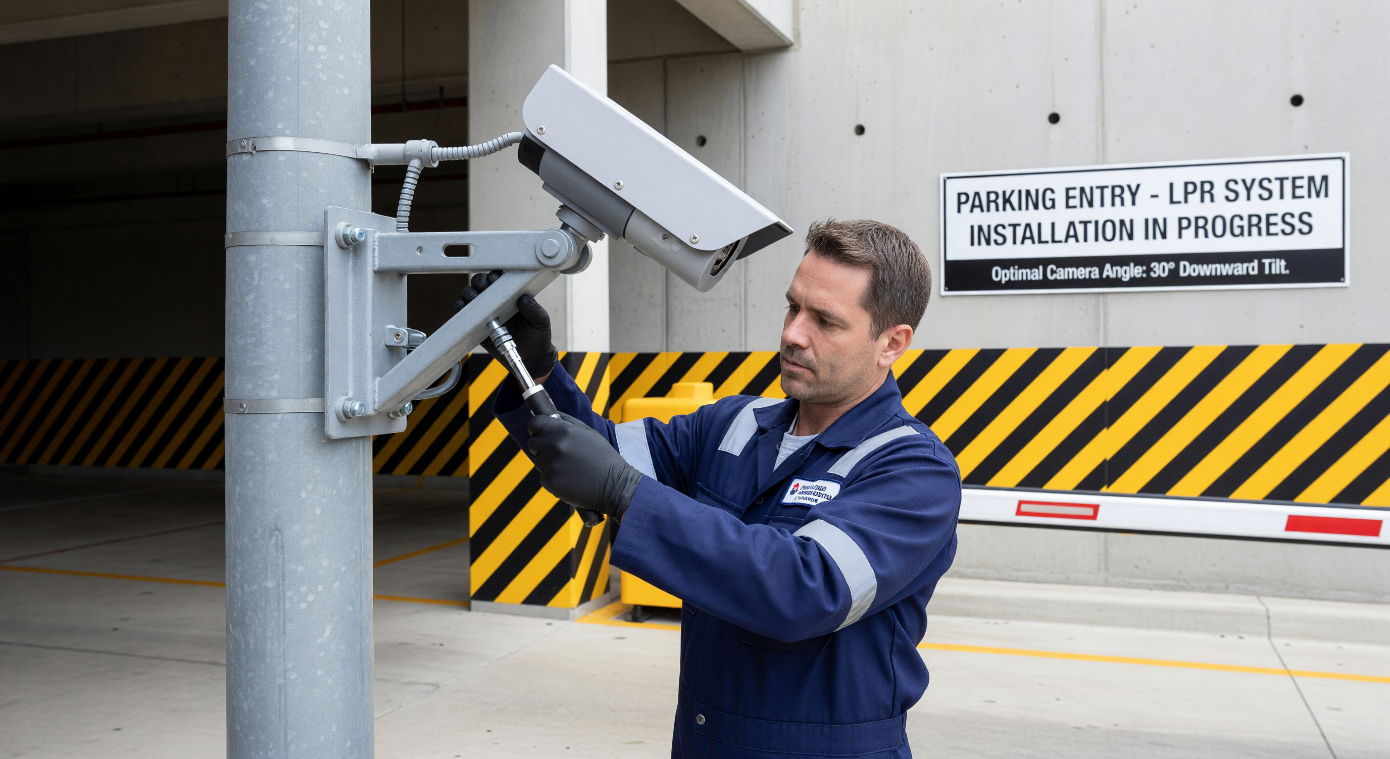 LPR camera mounted at a parking lane entry point showing correct angle and height