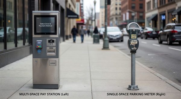 Multi-space parking pay station serving a row of spaces alongside a traditional single-space meter