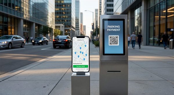 Smartphone parking app interface next to a physical pay station