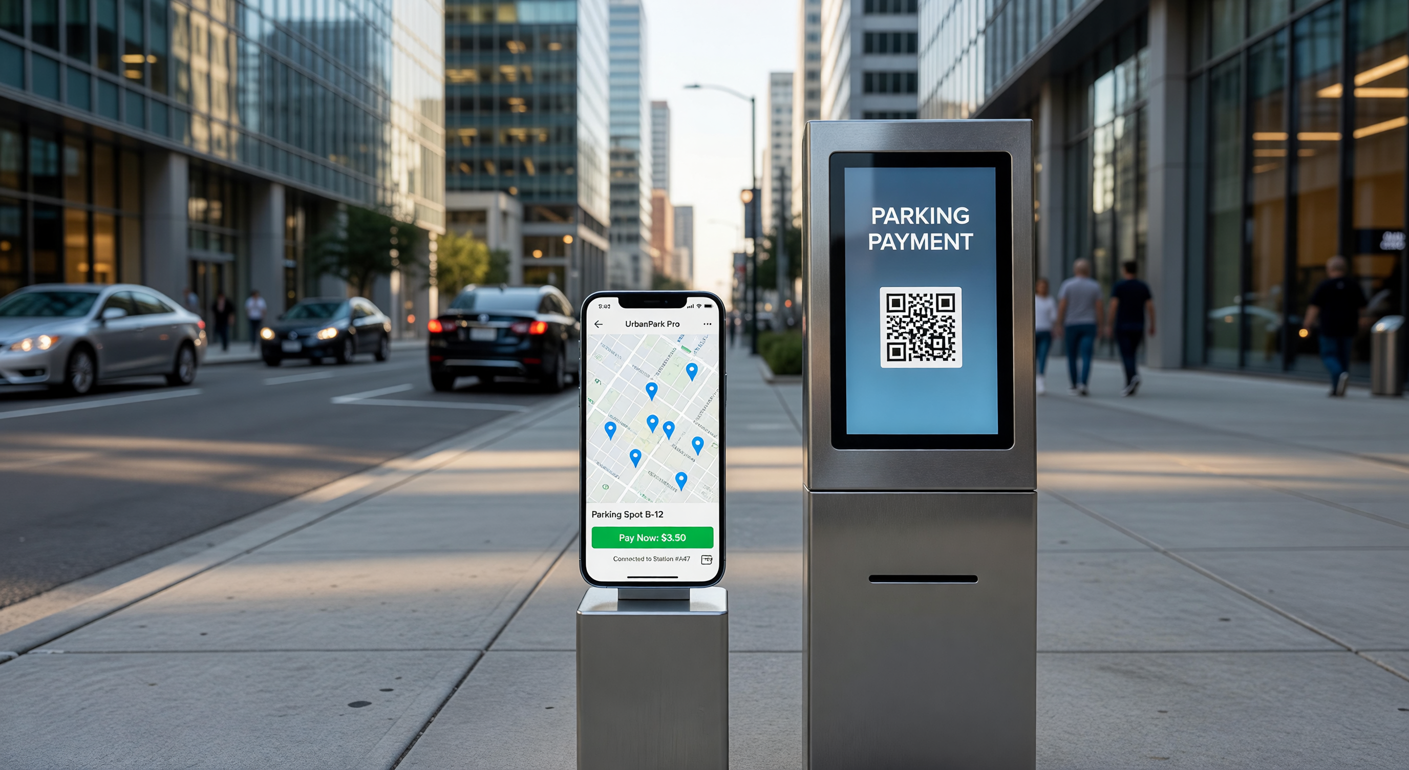 Smartphone parking app interface next to a physical pay station