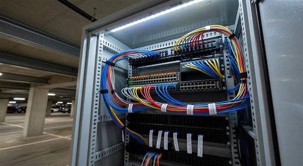 Network rack showing PoE switches and NVR for a parking facility camera system