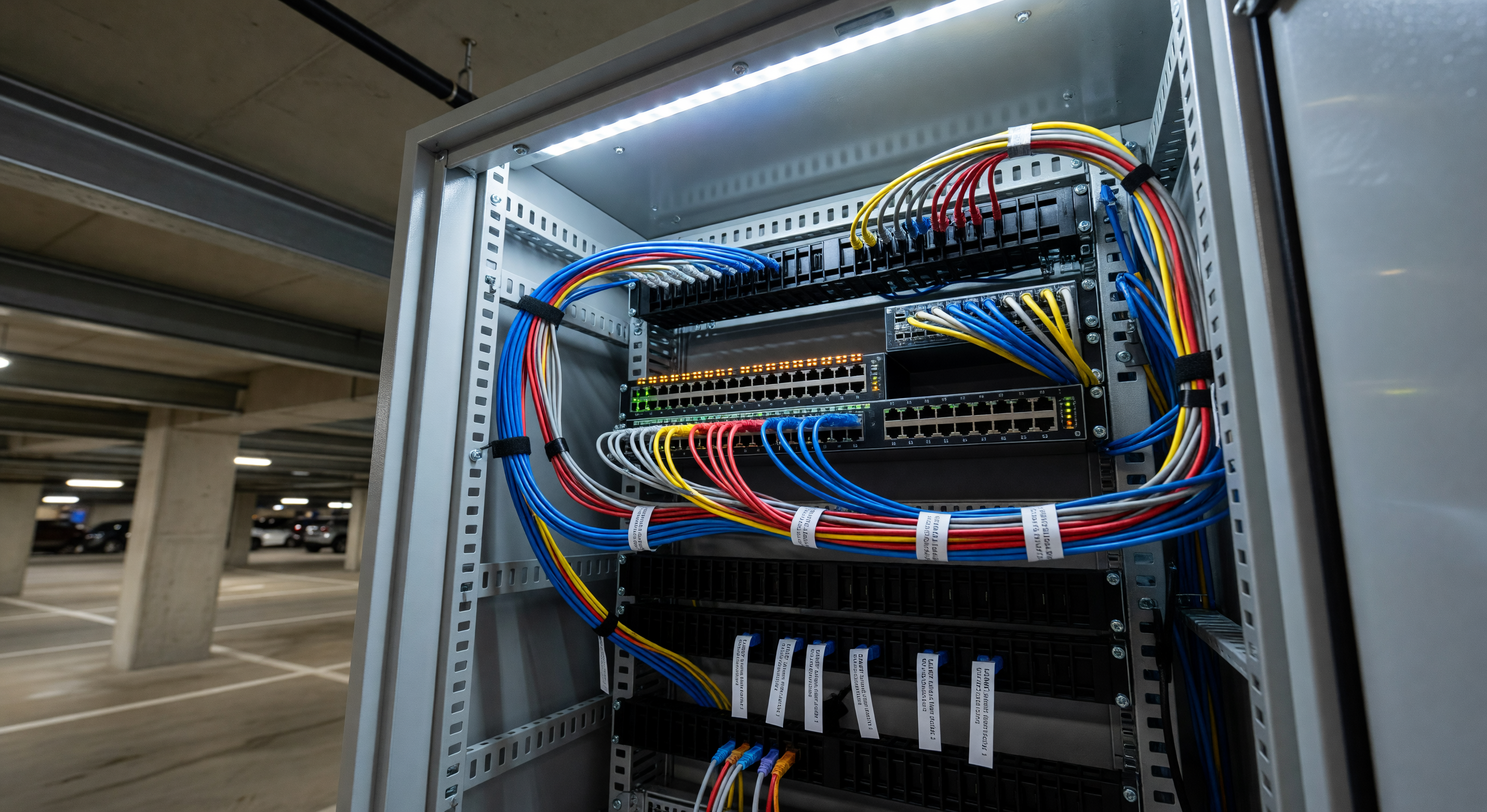 Network rack showing PoE switches and NVR for a parking facility camera system