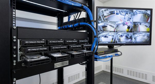 Network video recorder rack in a parking facility equipment room