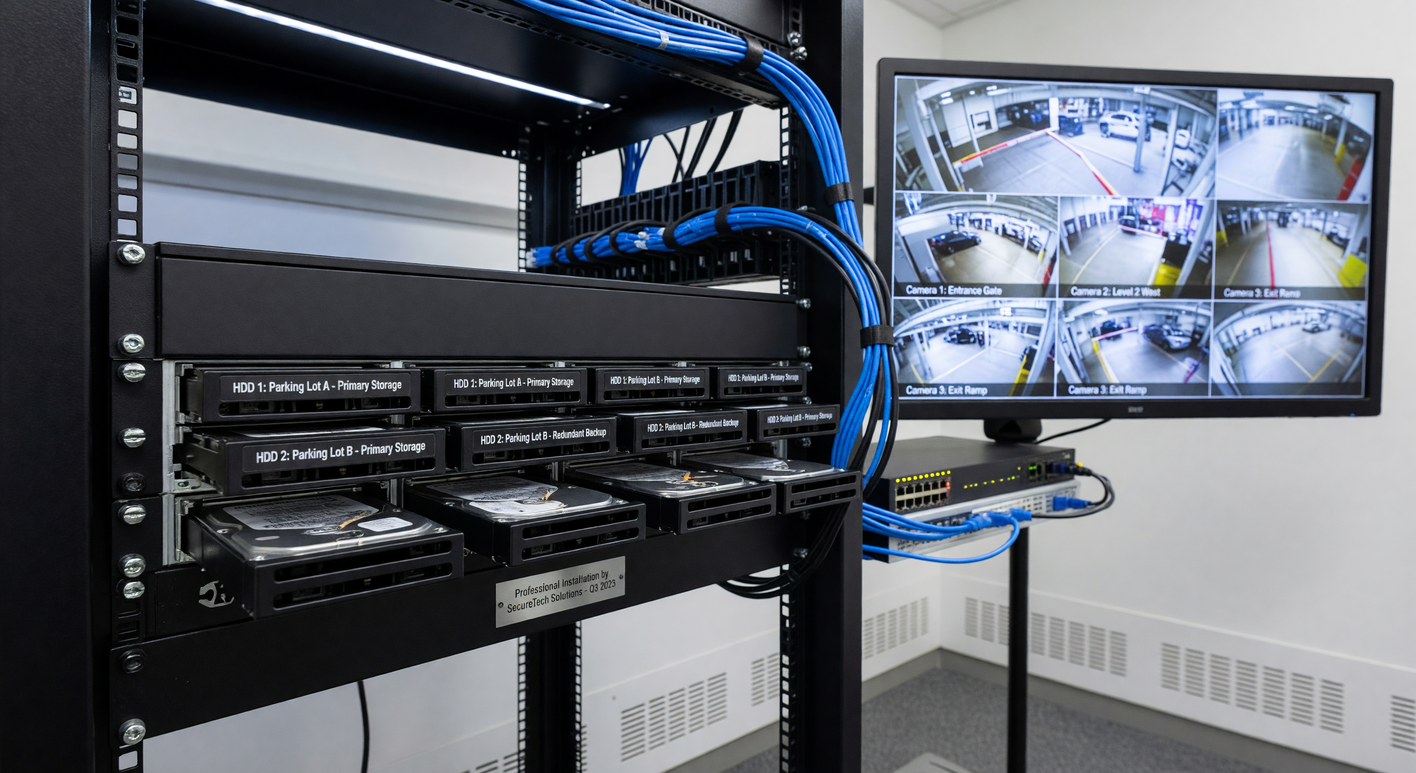 Network video recorder rack in a parking facility equipment room