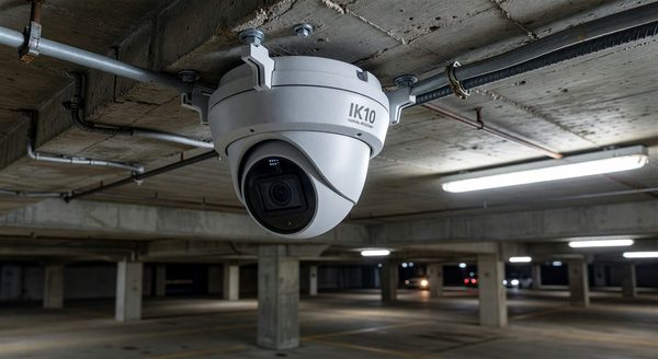 Vandal-resistant dome camera with metal housing mounted in a parking structure