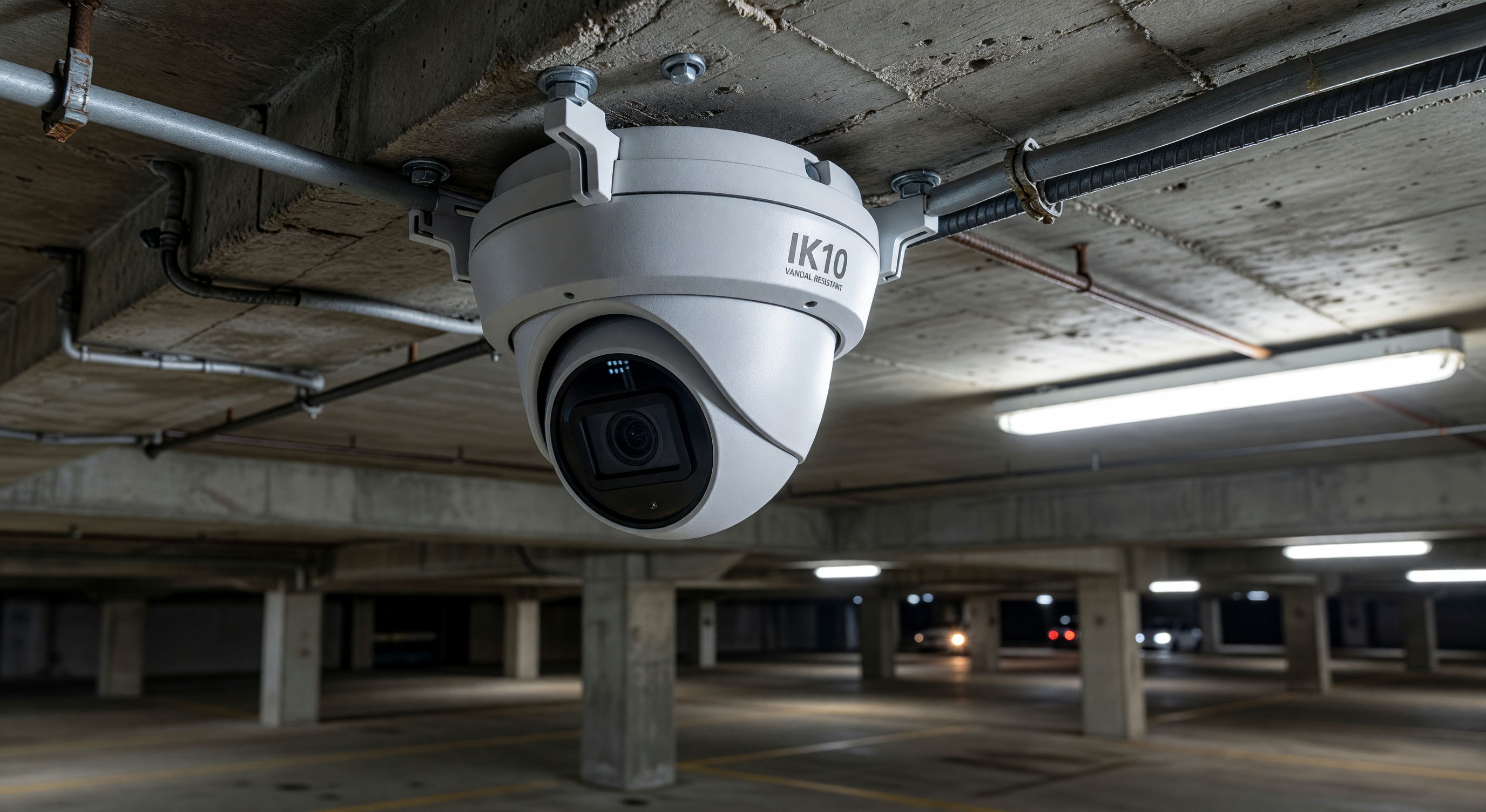 Vandal-resistant dome camera with metal housing mounted in a parking structure