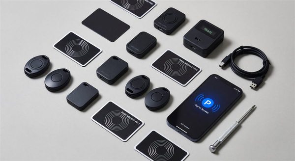 Collection of parking access credentials including cards, fobs, and a mobile credential app