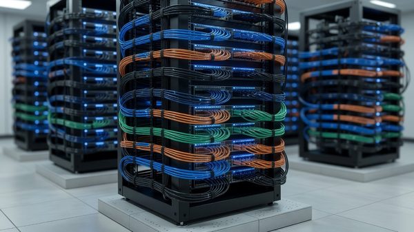 Network rack with patch cables in a parking facility control room