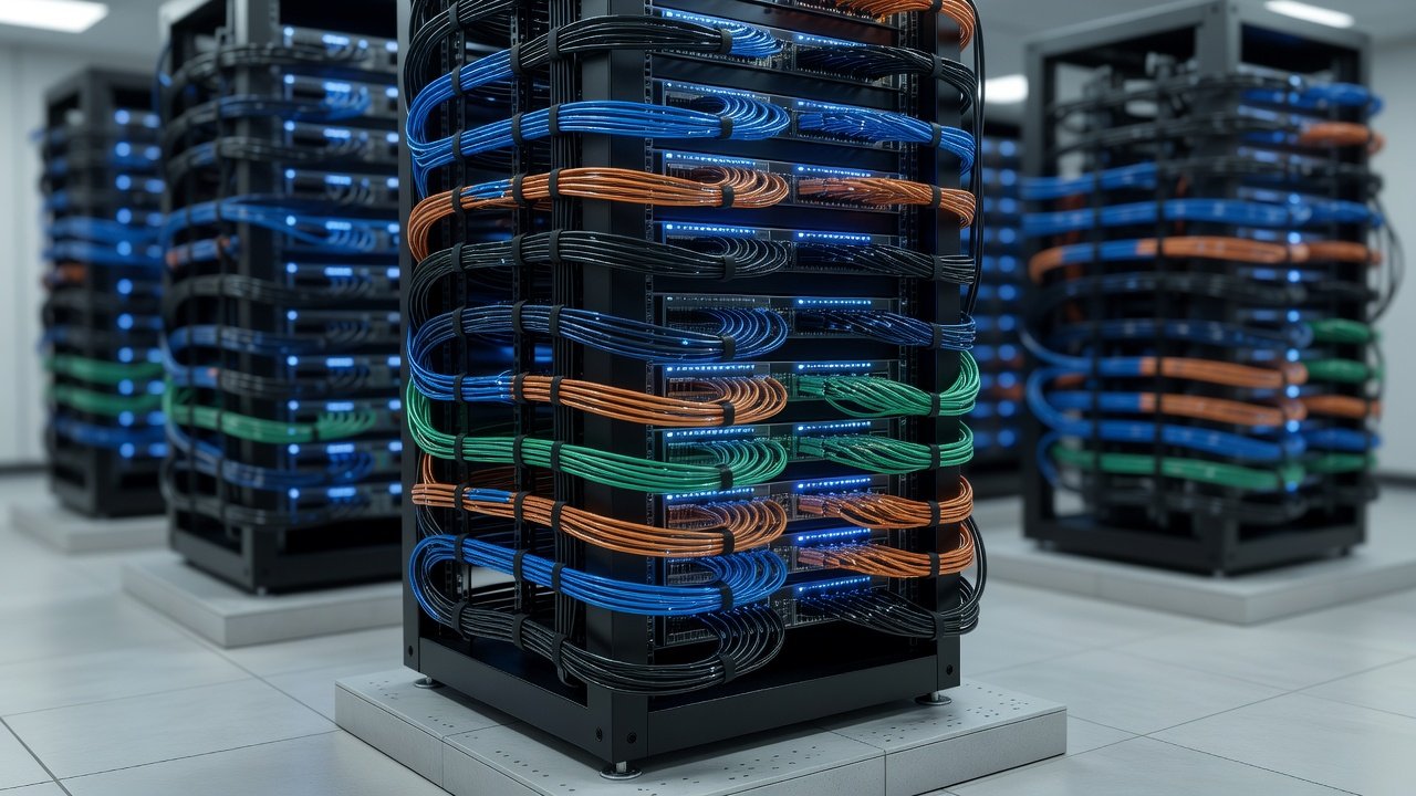 Network rack with patch cables in a parking facility control room