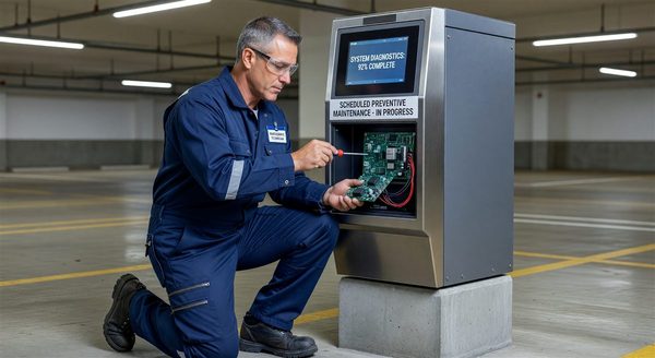 Technician performing scheduled service on parking pay station