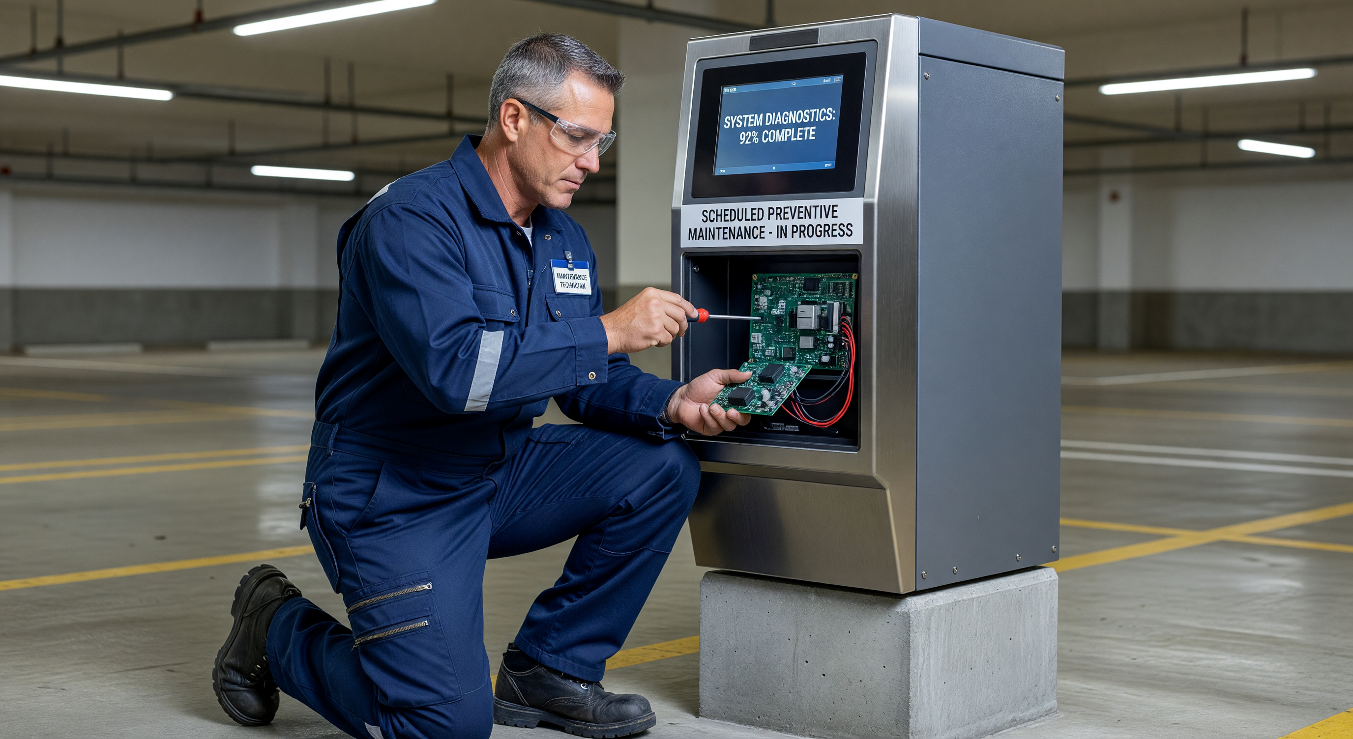 Technician performing scheduled service on parking pay station