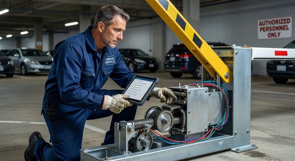 Technician with clipboard performing preventive maintenance on parking equipment