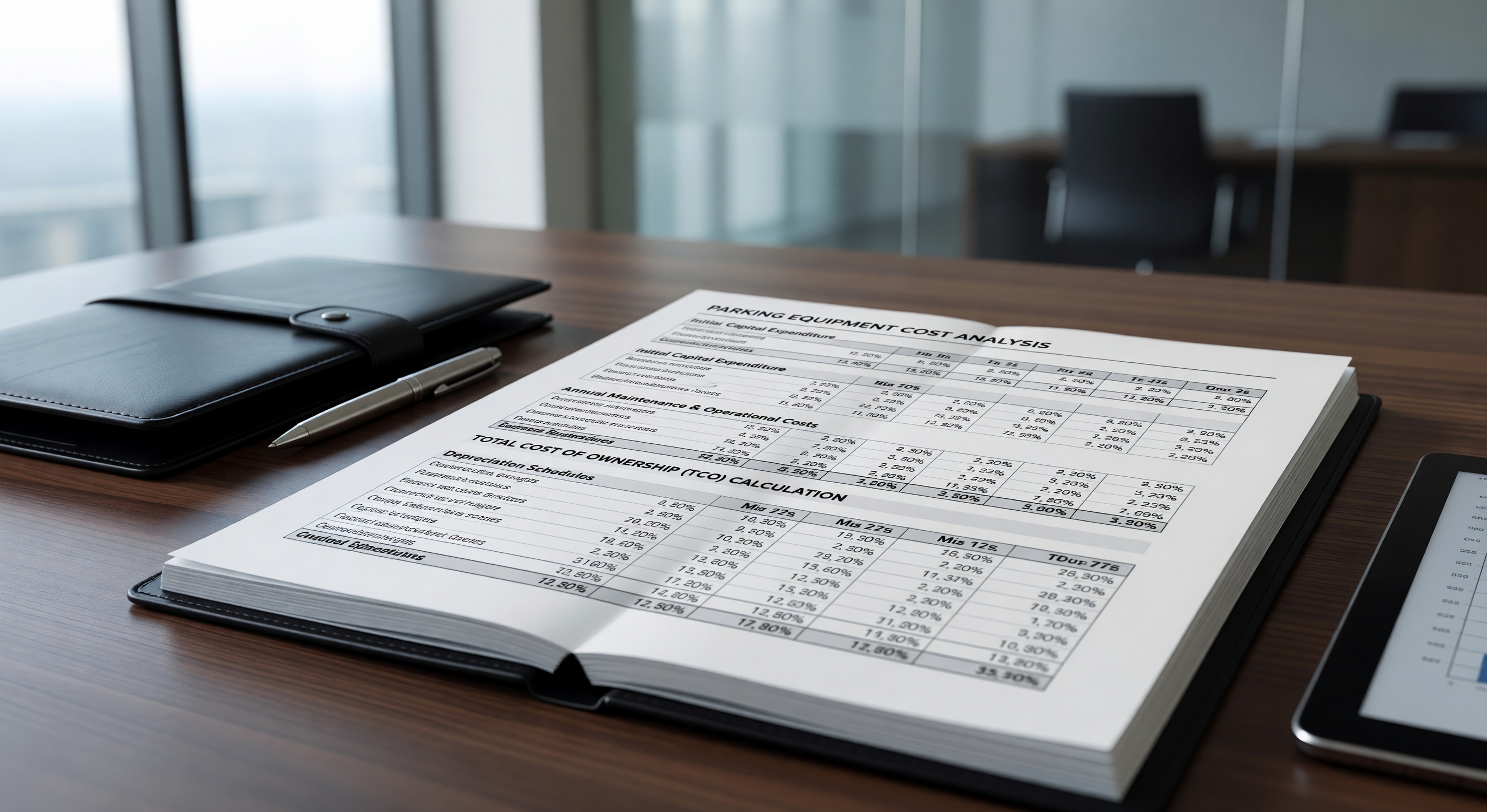 Financial spreadsheet with parking equipment cost analysis