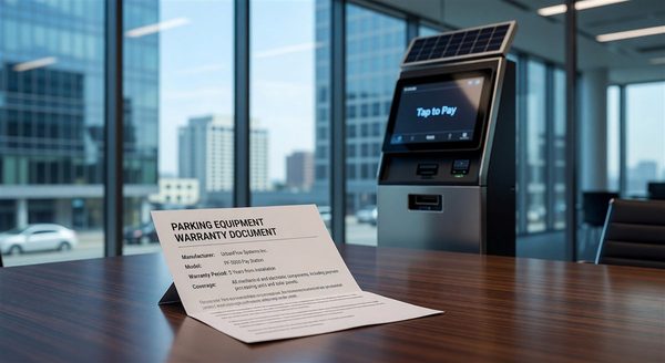 Warranty document next to parking barrier gate equipment