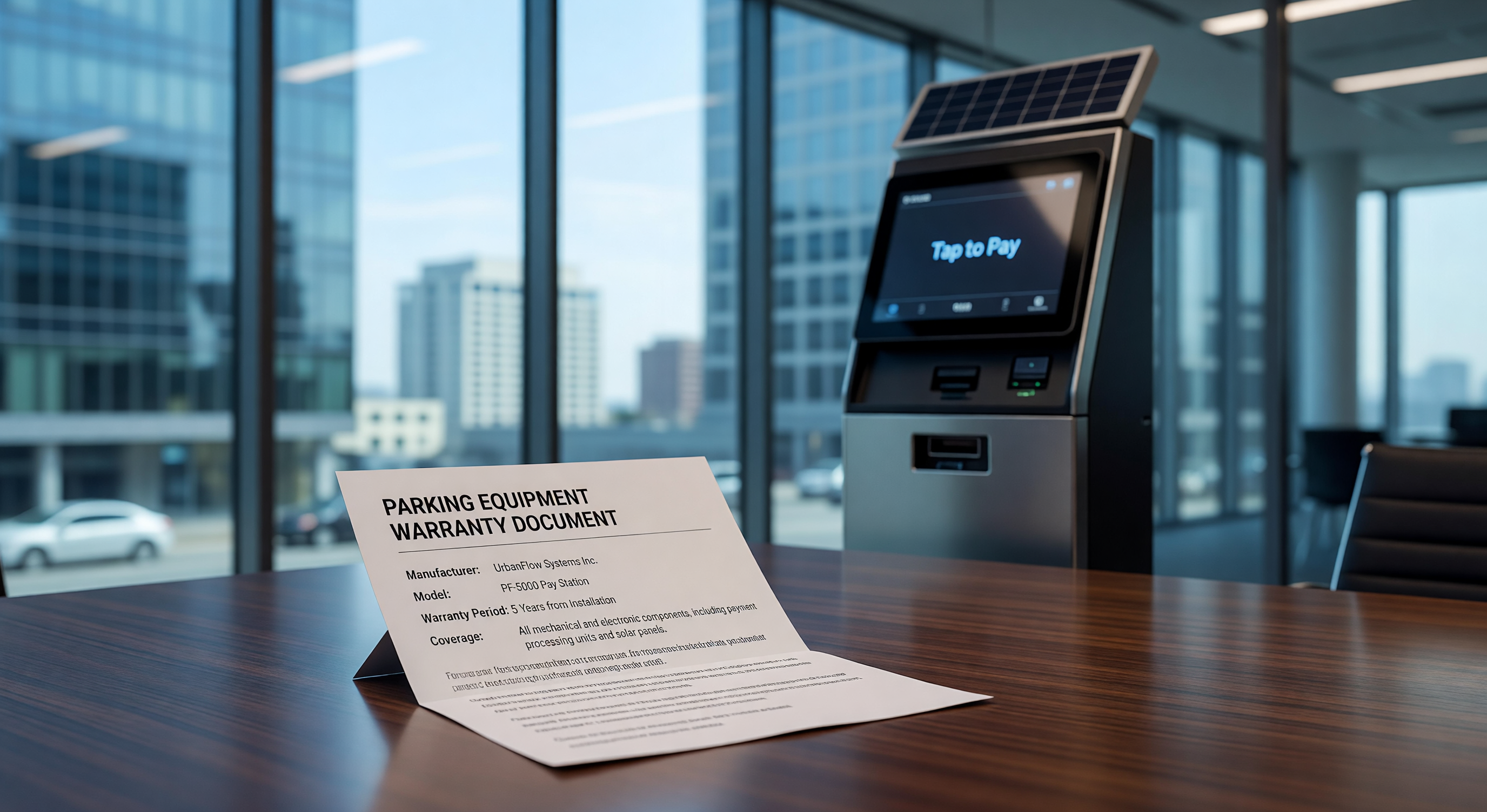 Warranty document next to parking barrier gate equipment