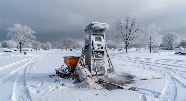 Barrier gate and pay station equipment in a snow-covered parking facility