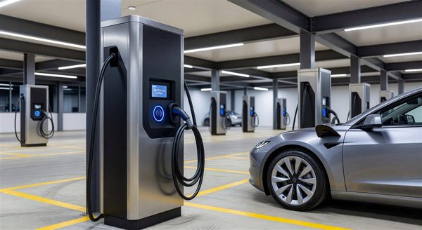 EV charging station integrated with parking access control barrier gate at a managed parking facility