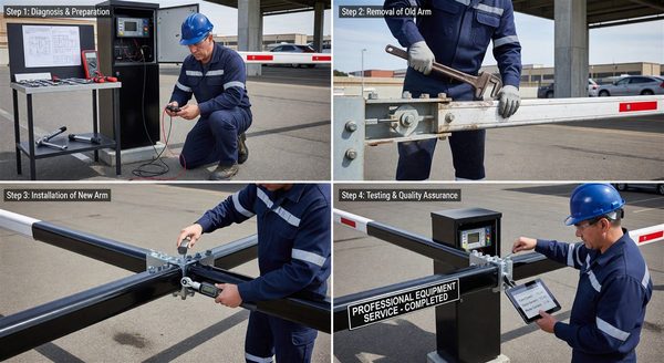 Technician installing a replacement gate arm on a parking barrier gate