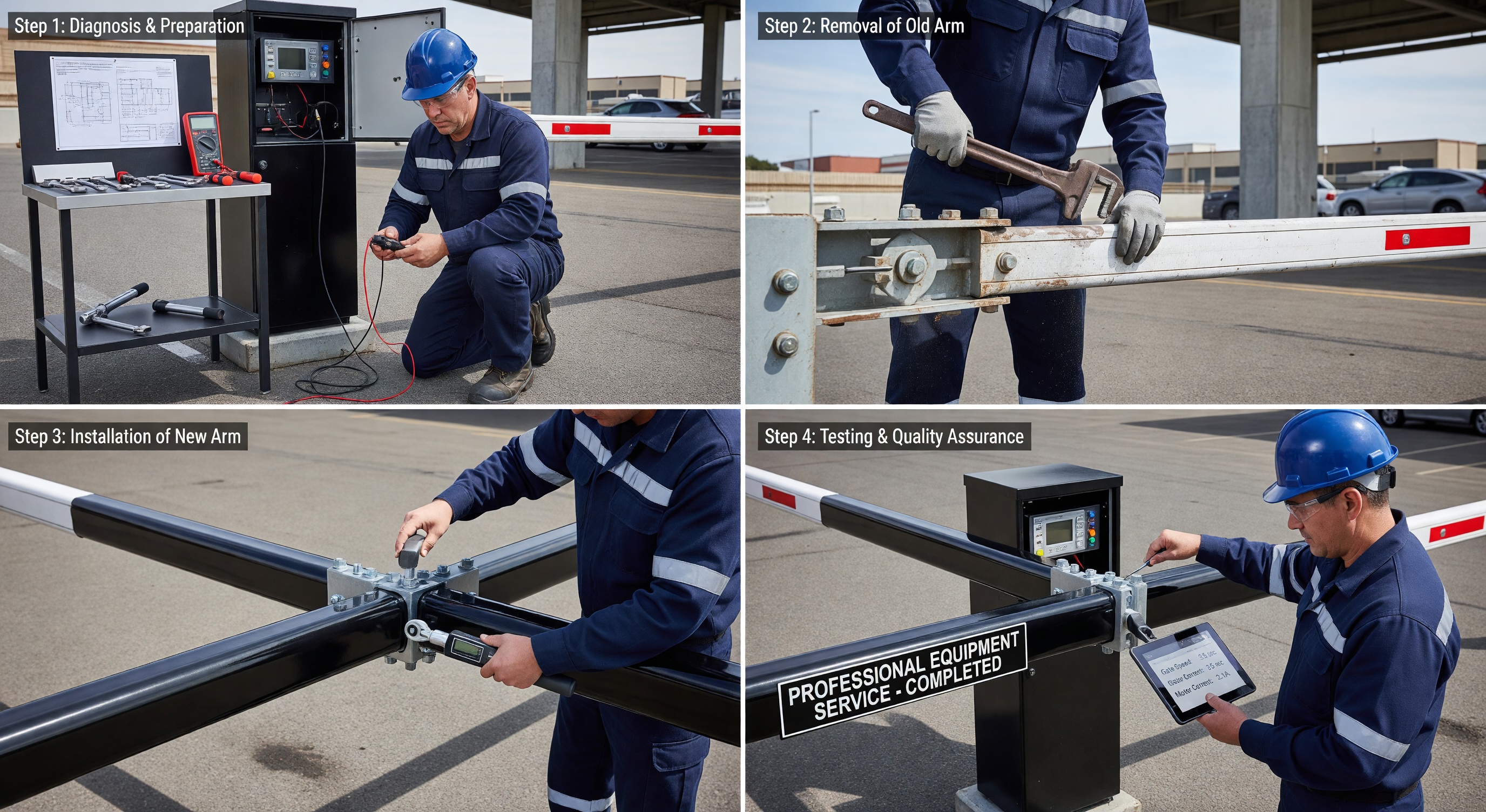 Technician installing a replacement gate arm on a parking barrier gate