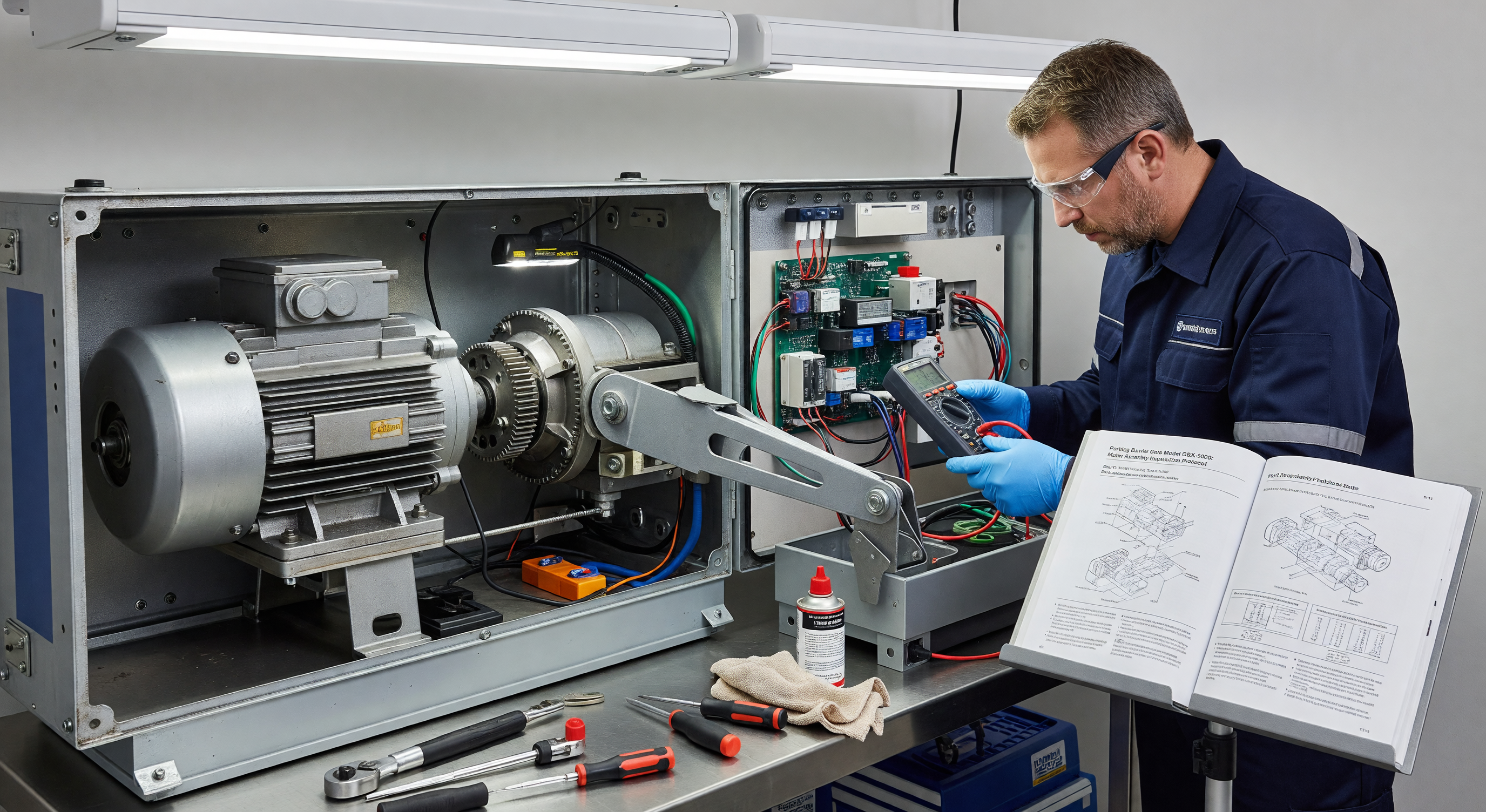 Barrier gate motor assembly inside an equipment cabinet