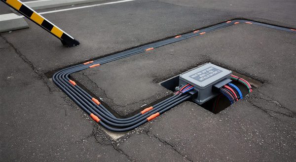 Parking gate with safety edge sensor and presence detection loop visible
