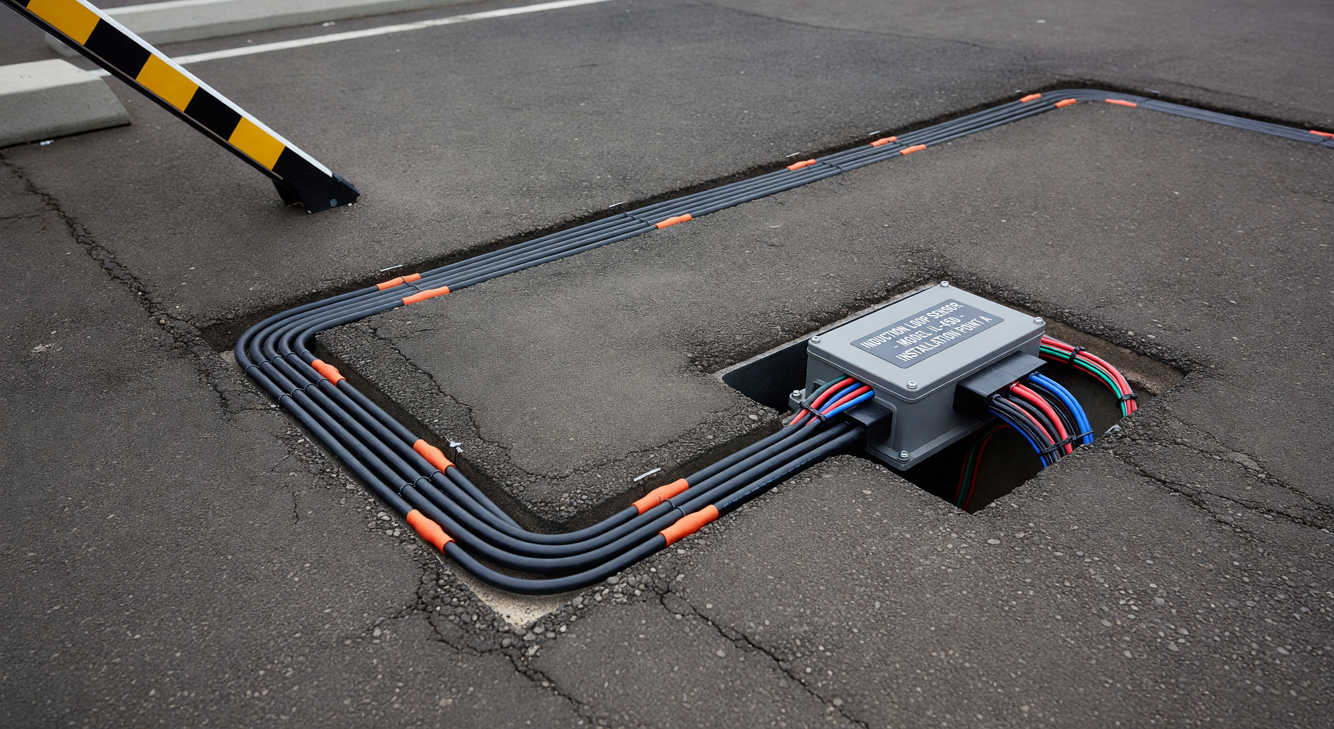 Parking gate with safety edge sensor and presence detection loop visible