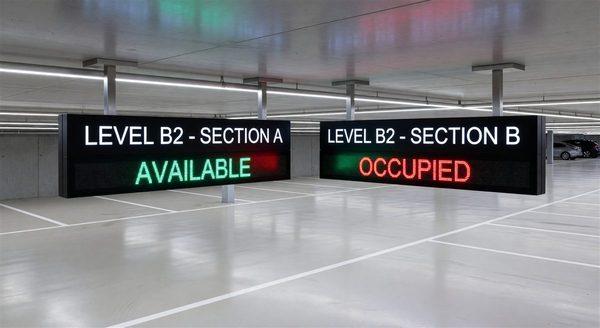 Green and red LED parking space indicators mounted overhead in a parking structure