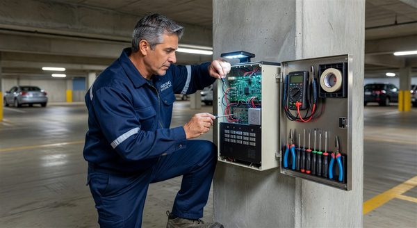 Parking facility intercom unit mounted at a gate entry station