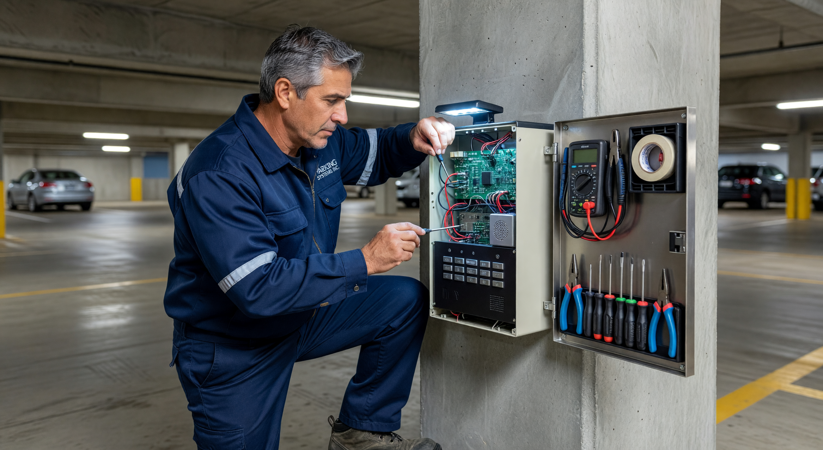 Parking facility intercom unit mounted at a gate entry station