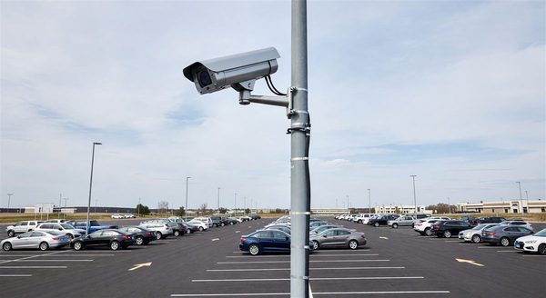 Camera mounted on pole providing coverage across a parking lot