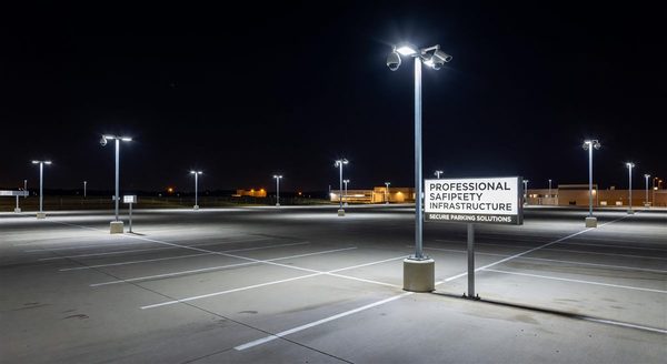 Well-lit parking lot at night showing camera coverage and uniform lighting