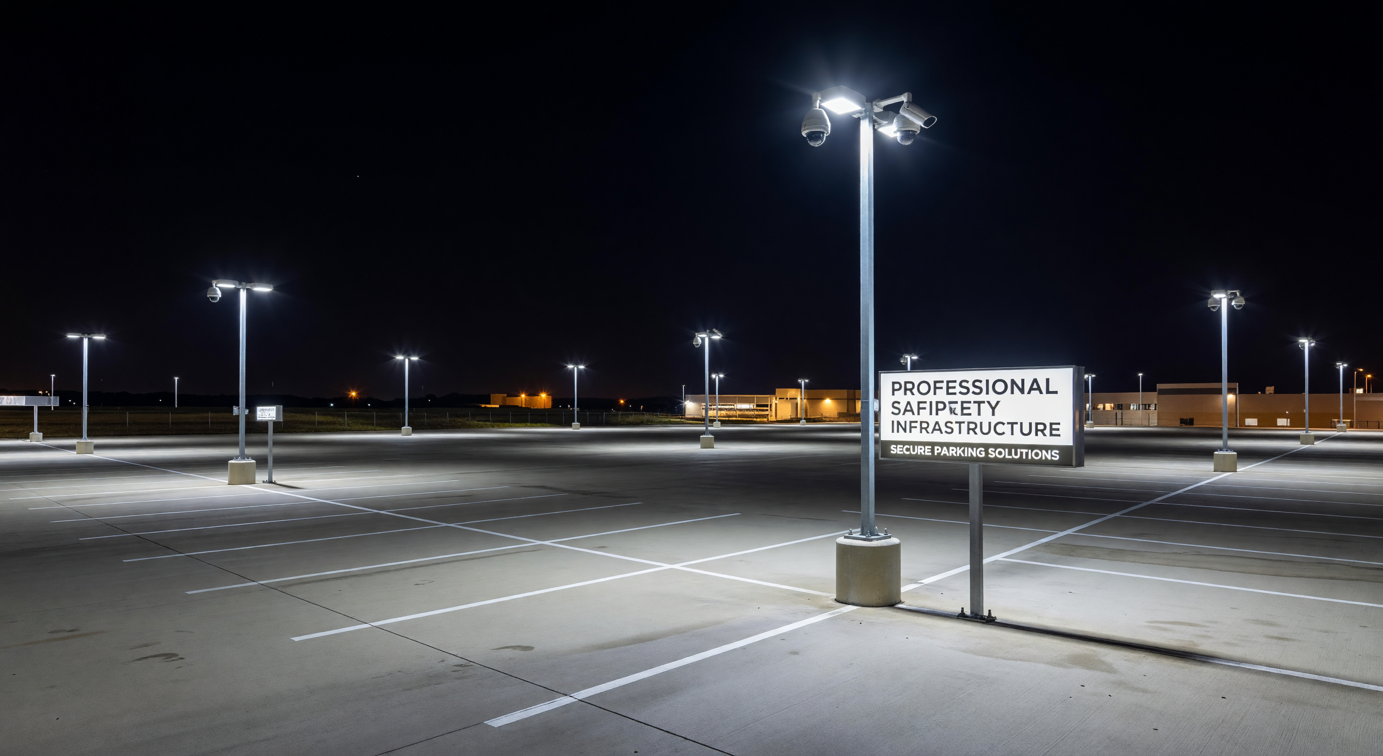 Well-lit parking lot at night showing camera coverage and uniform lighting