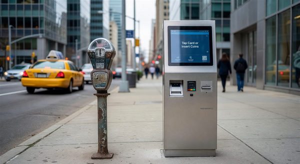 Old single-space parking meter next to a new multi-space pay station