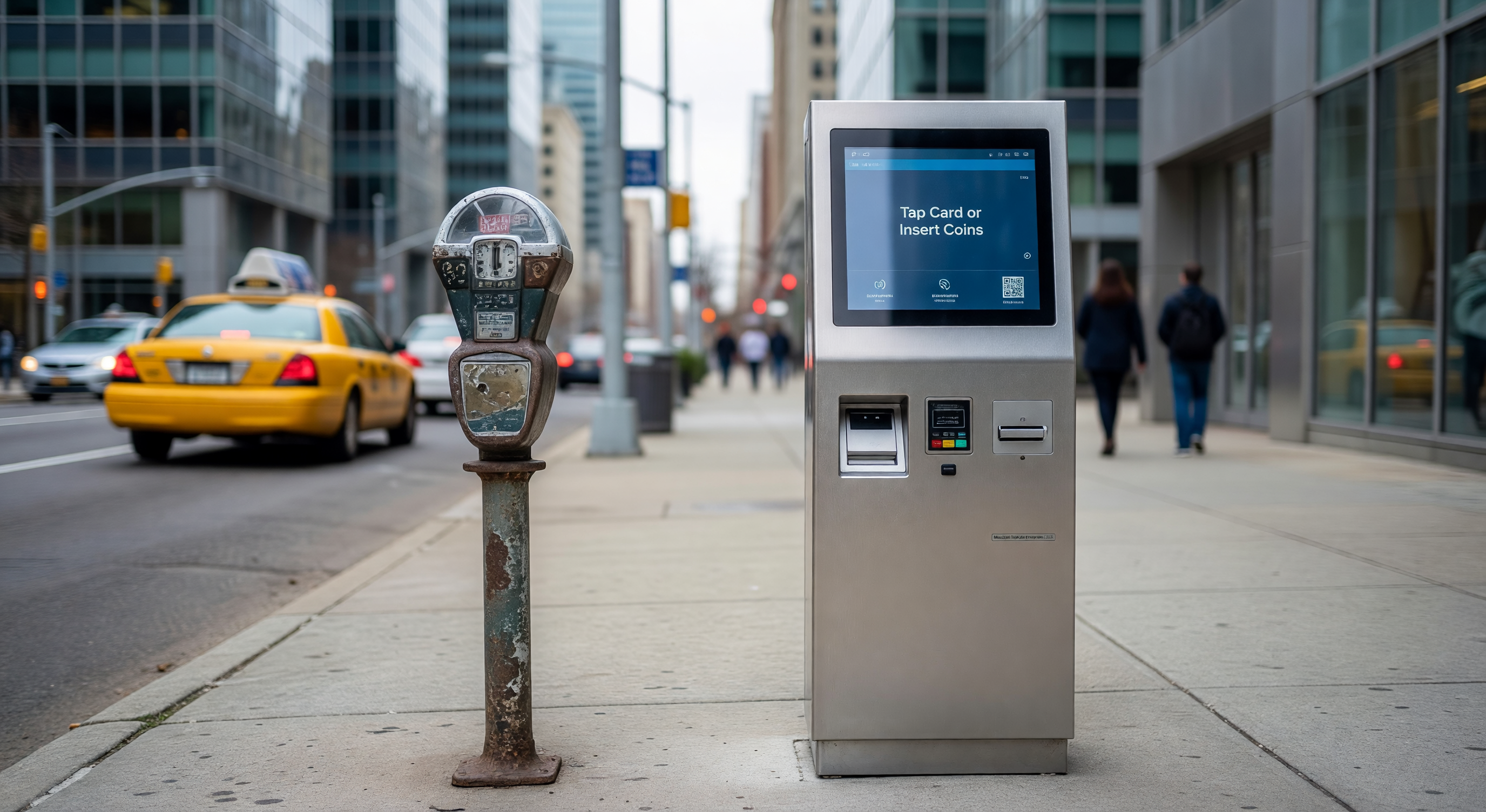 Old single-space parking meter next to a new multi-space pay station