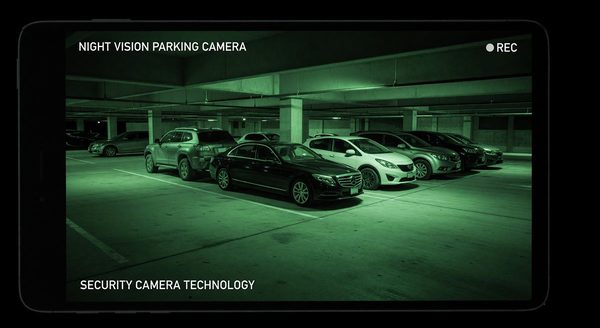 Night vision camera view of a parking lot showing clear vehicle detail in darkness