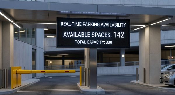 Parking occupancy system display showing available spaces by zone in a garage