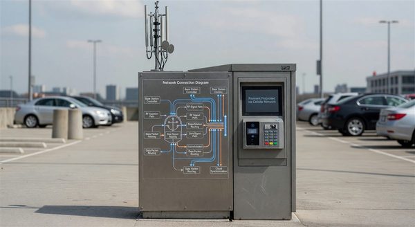 Network connectivity diagram for parking pay station showing cellular and Ethernet options