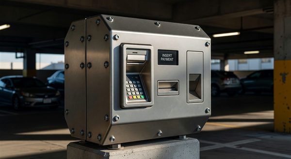 Vandal-resistant parking pay station with reinforced housing in urban location