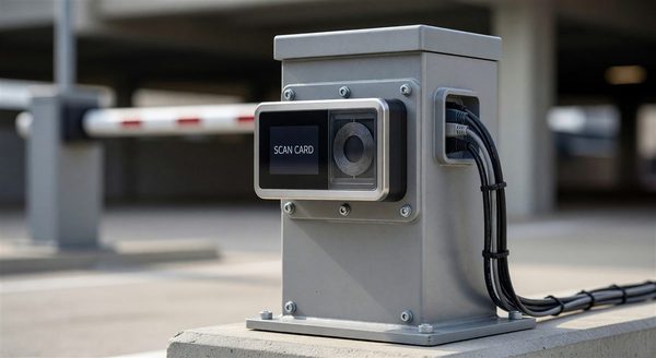 RFID card reader mounted at a parking gate entry point