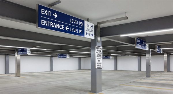 Dynamic LED parking availability sign showing available spaces in a parking garage