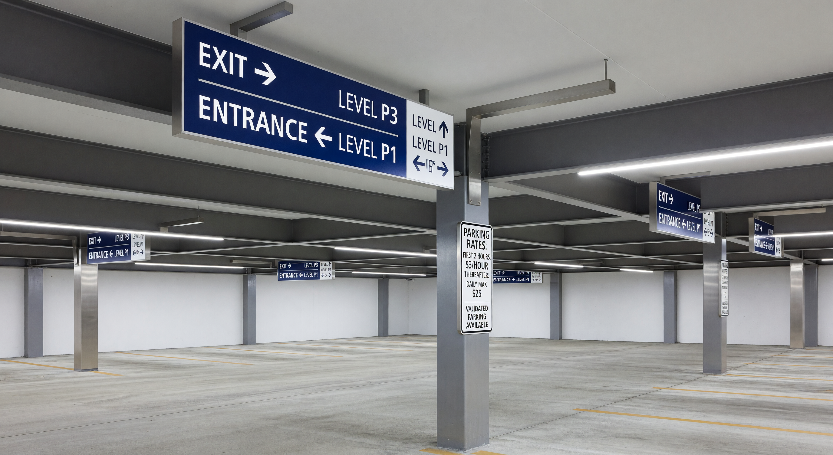 Dynamic LED parking availability sign showing available spaces in a parking garage